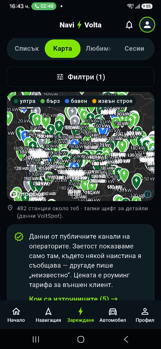 Картата на зарядните станции с маркери по мощност
