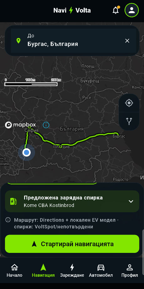 Маршрут София–Бургас с предложена зарядна спирка